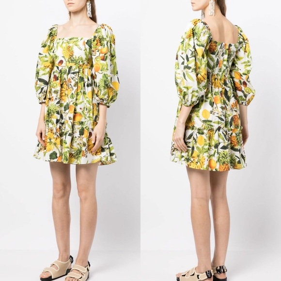 Cara Cara Sip Sip White Puff Sleeve Dress in Banana Fruit Print - S - Picture 2 of 8